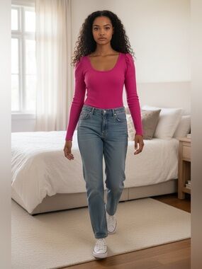 Farm Rio Fuchsia Scoop Neck Ribbed Long Sleeve Bodysuit, Size Small